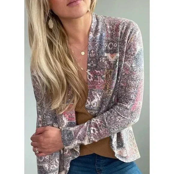 Anthropologie Open Front Multicolored Knit Cardigan | Boho Cottagecore Artsy L - Picture 3 of 16